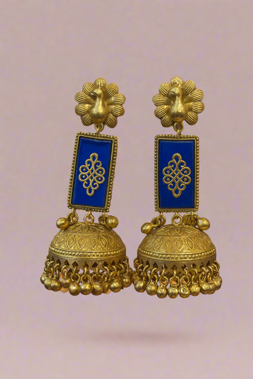 Royal Peacock Blue black and yellow Jhumka Earrings