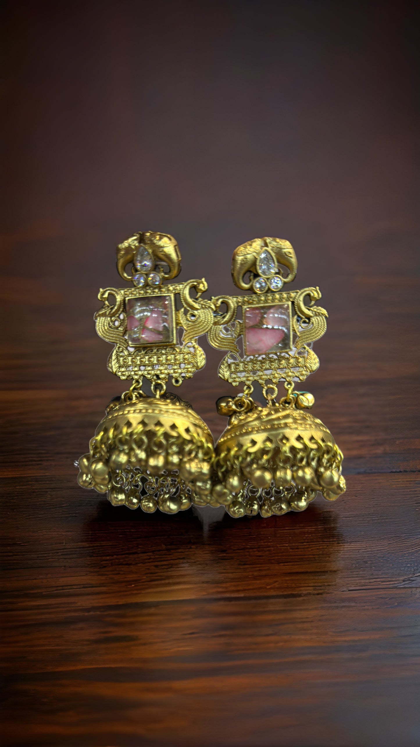 Royal Pink Temple Jhumka Earrings