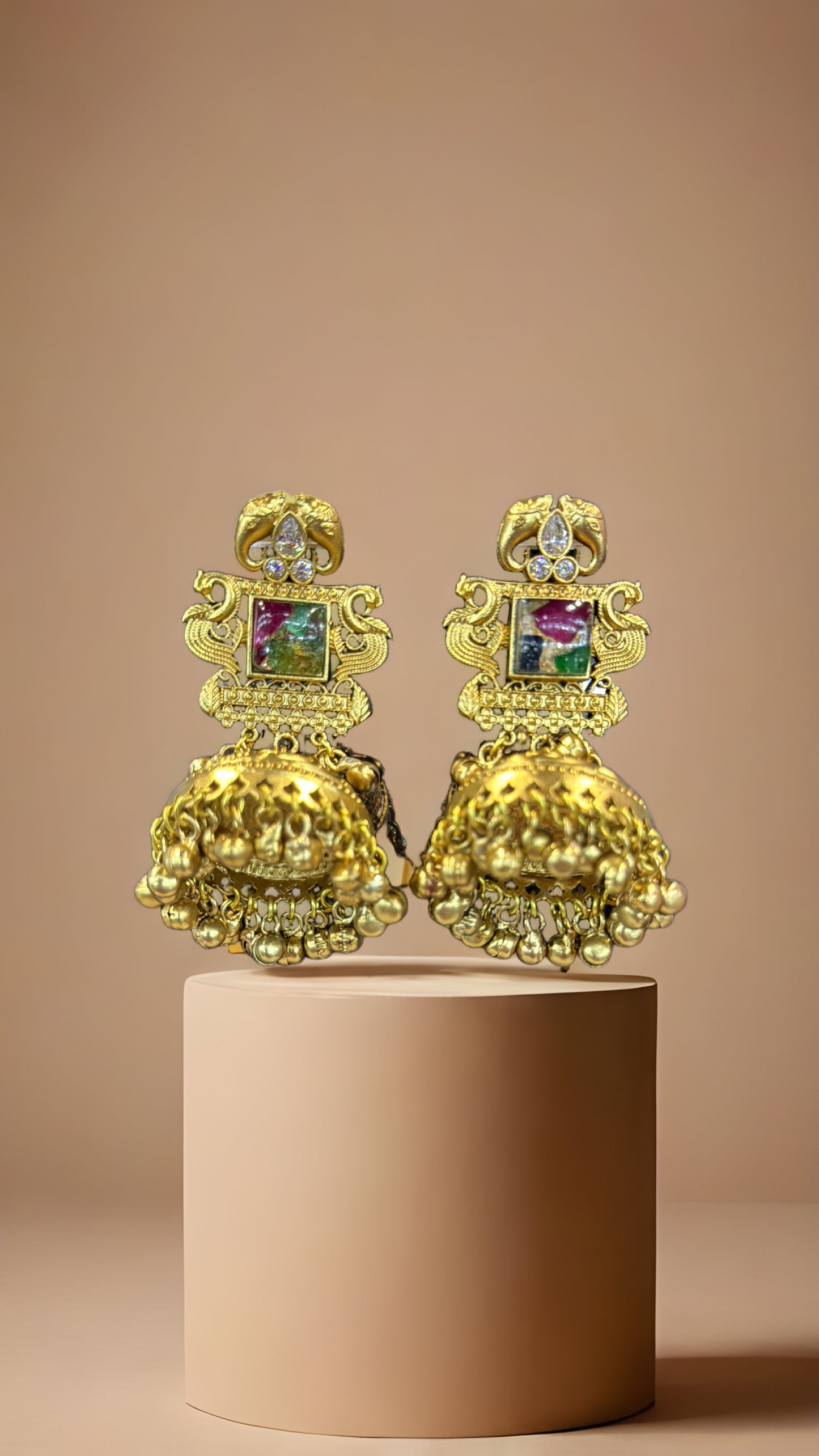 Royal Pink Temple Jhumka Earrings